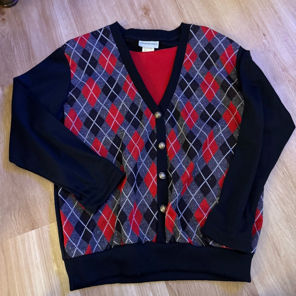 Vintage Haberdashery Sweater Black Red Argyle